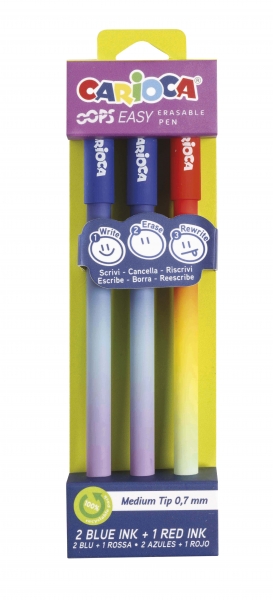 Carioca Oops Easy Pack de 3 Stylos Effaçables - Encre Thermo-Sensible - Corps à Effet Dégradé - Pointe Ø 0,7 mm - Double Caoutchouc - Couleurs Diverses