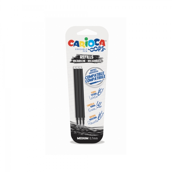 Carioca Oops Pack de 3 Recharges Stylo Effaçable - Encre Thermo-Sensible - Pointe 0,7 mm - Compatible avec Oops Pen - Couleur Noir