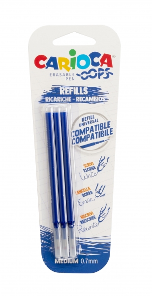 Carioca Oops Pack de 3 Recharges Stylo Effaçable - Encre Thermo-Sensible - Pointe 0,7 mm - Compatible avec Oops Pen - Couleur Bleu