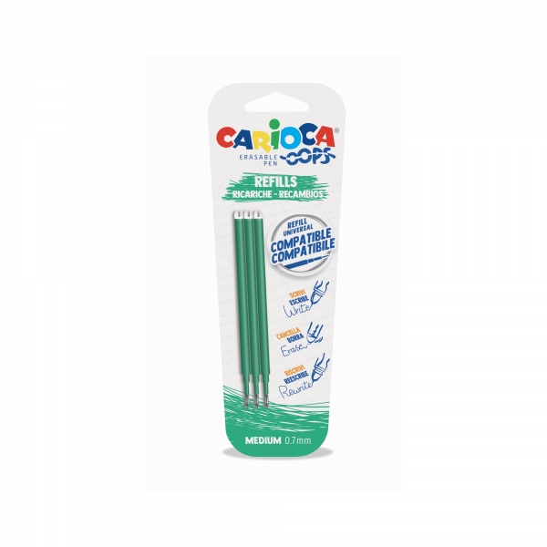 Carioca Oops Pack de 3 Recharges Stylo Effaçable - Encre Thermo-Sensible - Pointe 0,7 mm - Compatible avec Oops Pen - Couleur Vert