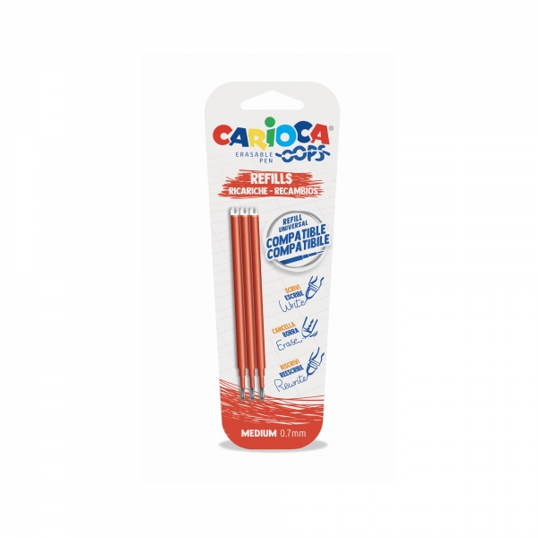 Carioca Oops Pack de 3 Recharges Stylo Effaçable - Encre Thermo-Sensible - Pointe 0,7 mm - Compatible avec Oops Pen - Couleur Orange