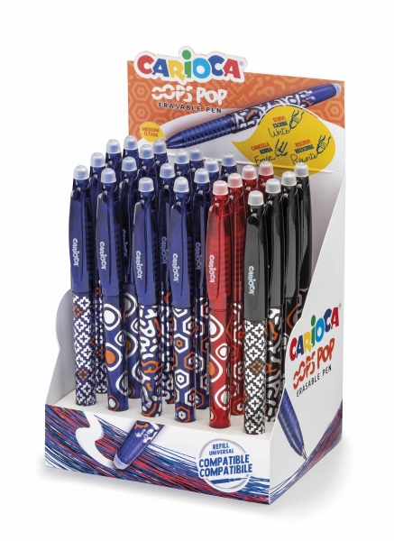 Carioca Oops Présentoir de 24 Stylos Effaçables - Thermo Sensibles - Grip Texturé - Pointe Ø 0,7 mm - Double Caoutchouc - Recharges Compatibles - Divers Coloris