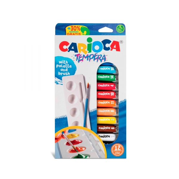 Carioca Pack de 12 Tubes Tempera - Comprend Pinceau et Palette - Couleurs Super Lavables - Haut Pouvoir Couvrant - Applicable sur Matériaux Poreux - Emballage 100% Recyclable - Différentes Couleurs