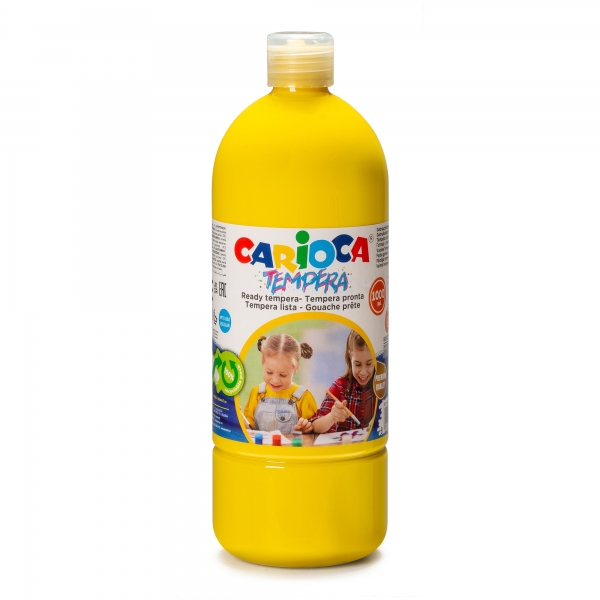 Carioca Pack de 6 Bouteilles Tempera - 1000 ml - Couleurs Superlavables - Facile à Mélanger - Applicable sur Matériaux Poreux - Haute Opacité - Couleur Jaune