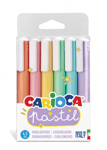 Carioca Pack de 6 surligneurs pastel - Encre à base d'eau - Pointe biseautée - Encre lavable - Différentes couleurs