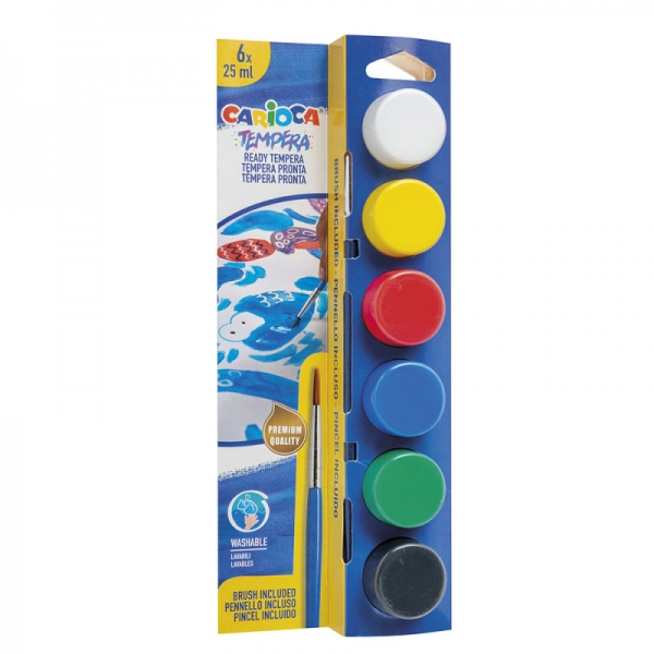 Carioca Pack de 6 Tempera en Pots - 25 ml - Pinceau Inclus - Superlavable - Miscible - Couleurs Assorties