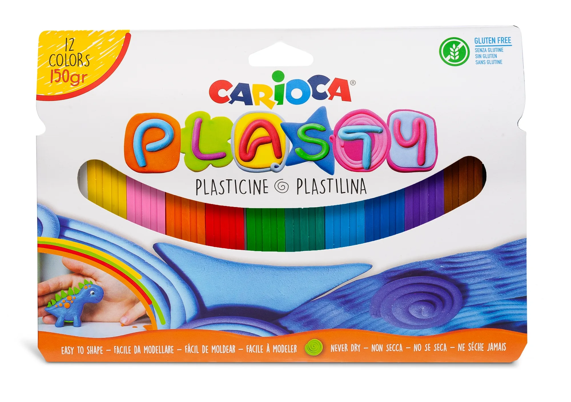 Carioca Plasty Pack de 12 pâtes à modeler assorties - Facile à utiliser - Ne sèche pas - Réutilisable - Couleurs vives et miscibles - Sans gluten - Différentes couleurs