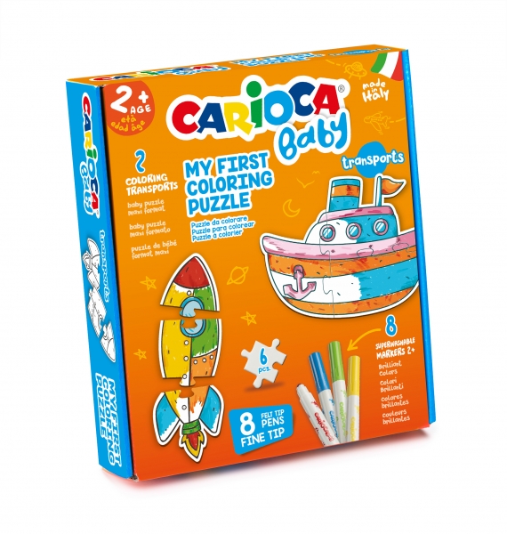 Carioca Puzzle à colorier Transports Baby 2+ Pack de puzzles pour enfants - 2 transports 3 pièces - 2 transports de référence - 8 marqueurs super lavables - Différentes couleurs