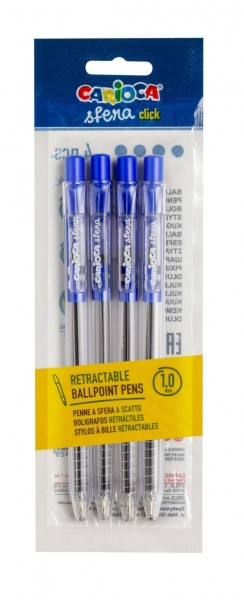 Carioca Sfera Pack de 4 Stylos Rétractables - Pointe Ø 1 mm - Clic facile et confortable - Écriture douce et fluide - Couleur Bleu