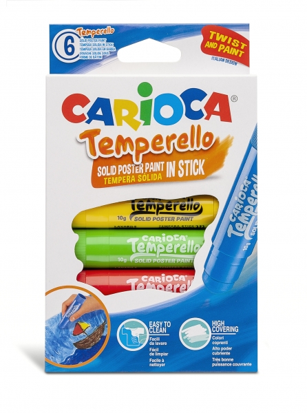 Carioca Temperello Lot de 6 Temperas Solides - Couleurs Vives et Lavables - Excellente Couverture - Facile à Mélanger - Finition Satinée - Séchage Rapide - Ne Froisse Pas le Papier - Différentes Couleurs