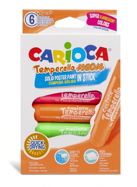 Carioca Temperello Neon Pack de 6 Tempéraments Solides - Couleurs Vives et Lavables - Excellente Couverture - Facile à Mélanger - Sans Solvant - Finition Satinée - Séchage Rapide - Différentes Couleurs