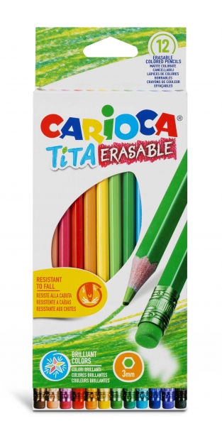 Carioca Tita Lot de 12 Crayons Effaçables en Résine - Corps Hexagonal - Couleurs Vives et Lavables - Écriture Douce - Mine Ø 3 mm - Couleurs Diverses