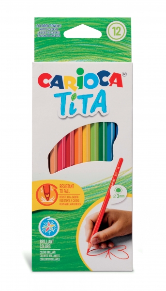 Carioca Tita Lot de 12 crayons en résine - Corps hexagonal - Écriture douce - Mine sûre et super résistante aux chutes - Différentes couleurs