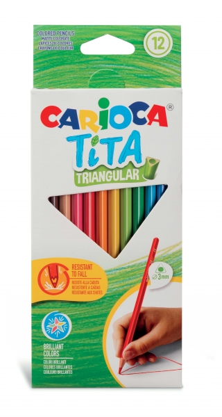 Carioca Tita Lot de 12 Crayons Triangulaires en Résine - Corps Triangulaire - Couleurs Vives et Lavables - Écriture Douce - Mine Ø 3 mm - Couleurs Diverses