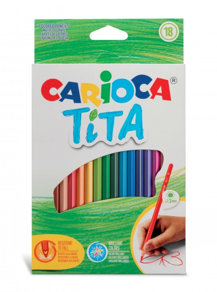 Carioca Tita Lot de 18 crayons en résine – Corps hexagonal – Couleurs vives et lavables – Écriture douce – Mine sûre et super résistante aux chutes – Différentes couleurs