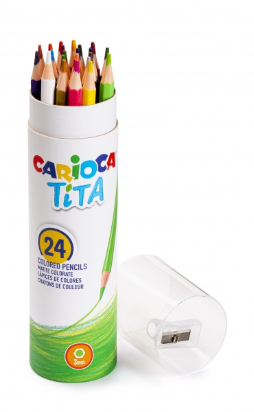 Carioca Tita Lot de 24 crayons en résine - Corps hexagonal - Couleurs vives et lavables - Écriture douce - Taille-crayon inclus dans le capuchon - Couleurs variées