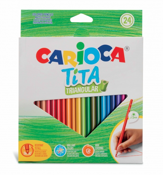 Carioca Tita Lot de 24 crayons triangulaires - Corps triangulaire - Couleurs vives et lavables - Écriture douce - Mine Ø 3 mm Sûr et résistant - Ne se brisera pas en cas de casse - Différentes couleurs