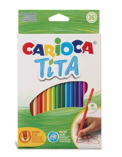 Carioca Tita Lot de 36 Crayons en Résine - Corps Hexagonal - Couleurs Vives et Lavables - Écriture Douce - Mine Ø 3mm Sûr et Super Résistant aux Chutes - Différentes Couleurs