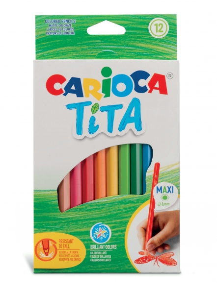 Carioca Tita Maxi Pack de 12 Crayons en Résine - Couleurs Vives et Lavables - Écriture Douce - Mine Ø 4mm Sûr et Résistant - Ne S'écaille pas en cas de Casse - Différentes Couleurs