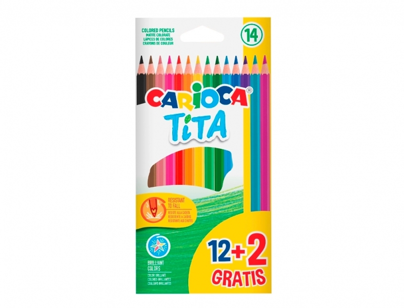 Carioca Tita Pack de 12 + 2 Crayons de Couleur - Mines Résistantes - Couleurs Assorties