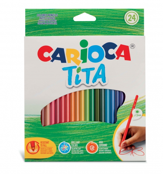 Carioca Tita Pack de 24 Crayons en Résine - Corps Hexagonal - Couleurs Vives et Lavables - Écriture Douce - Mine Ø 3mm Sûr et Super Résistant aux Chutes - Différentes Couleurs