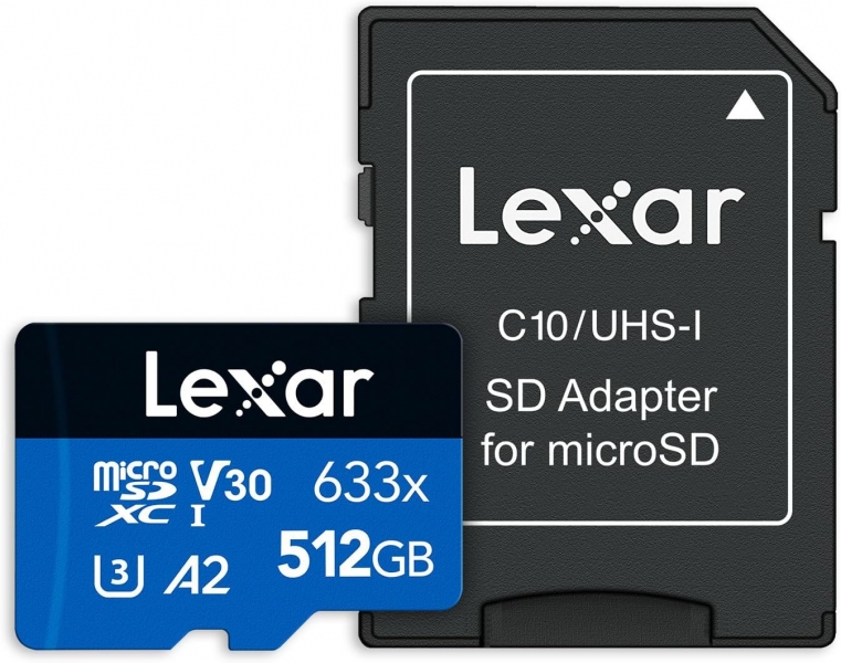 Carte Mémoire microSDXC UHS-I Lexar 633x 512 Go - Haute capacité - Vitesse de lecture jusqu'à 100 Mo/s - Comprend un adaptateur SD - Couleur bleue