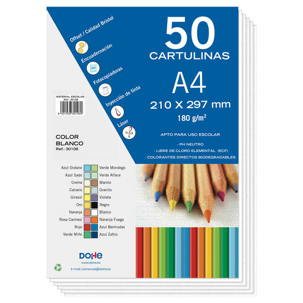 Cartons colorés Dohe 180 G/M2 - Format A4 - PH Neutre - Sans chlore élémentaire - Colorants biodégradables