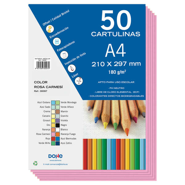 Cartons colorés Dohe 180 G/M2 - Format A4 - PH Neutre - Sans chlore élémentaire - Colorants biodégradables