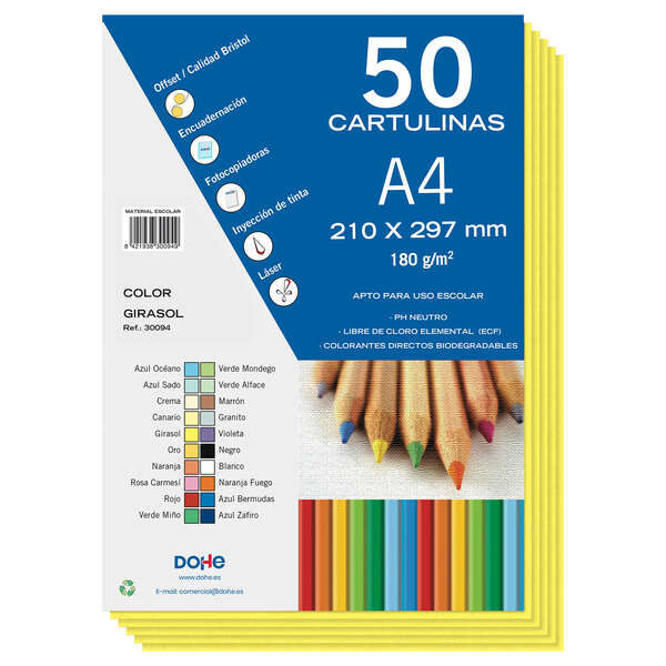 Cartons colorés Dohe 180 G/M2 - Format A4 - PH Neutre - Sans chlore élémentaire - Colorants biodégradables