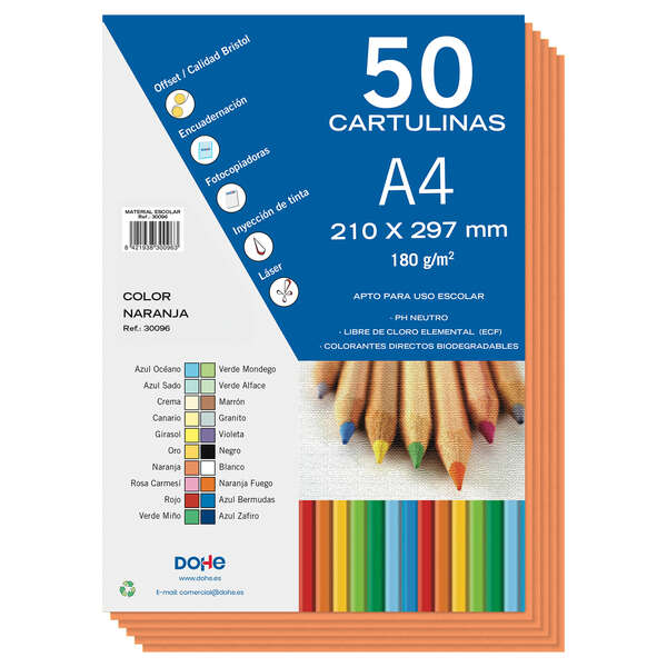 Cartons colorés Dohe 180 G/M2 - Format A4 - PH Neutre - Sans chlore élémentaire - Colorants biodégradables