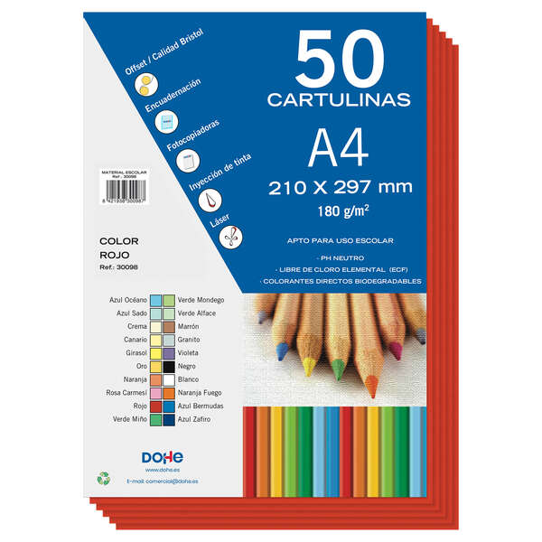 Cartons colorés Dohe 180 G/M2 - Format A4 - PH Neutre - Sans chlore élémentaire - Colorants biodégradables