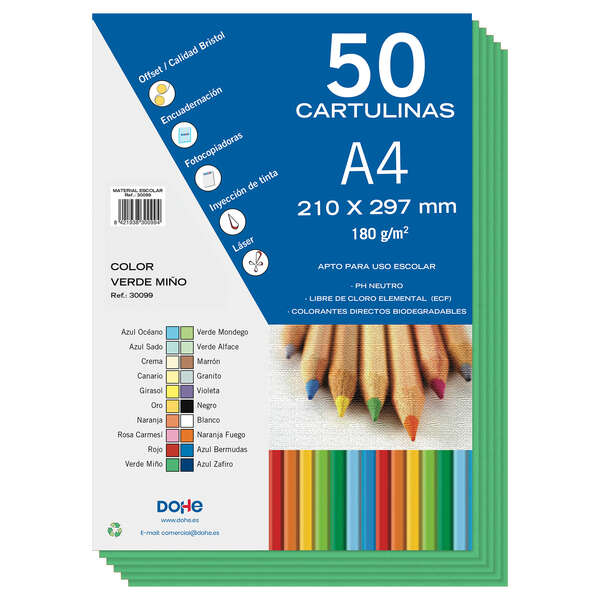 Cartons colorés Dohe 180 G/M2 - Format A4 - PH Neutre - Sans chlore élémentaire - Colorants biodégradables