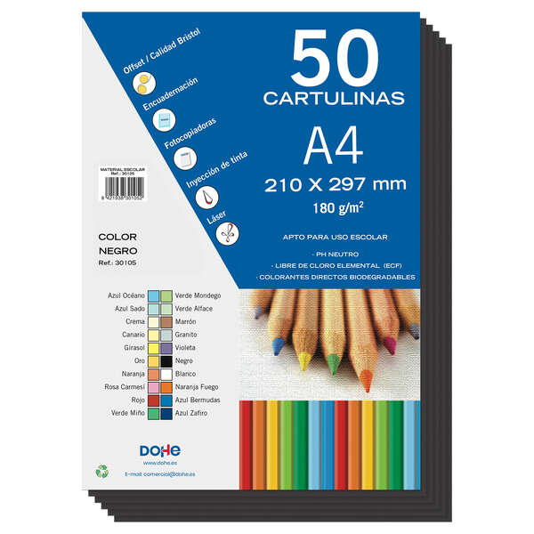 Cartons colorés Dohe 180 G/M2 - Format A4 - PH Neutre - Sans chlore élémentaire - Colorants biodégradables