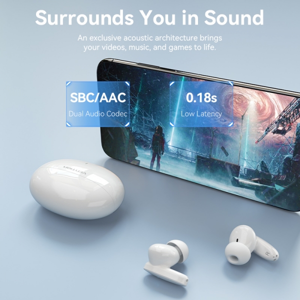 Casque Bluetooth 5.3 Vention avec étui de chargement - Autonomie 7h - Coloris Blanc