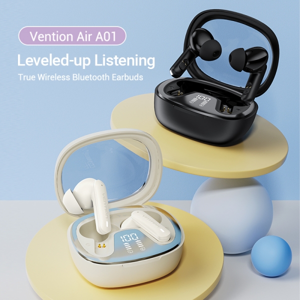 Casque Bluetooth 5.3 Vention avec étui de chargement - Autonomie 7h - Écran LED AIR A01 - Couleur Beige