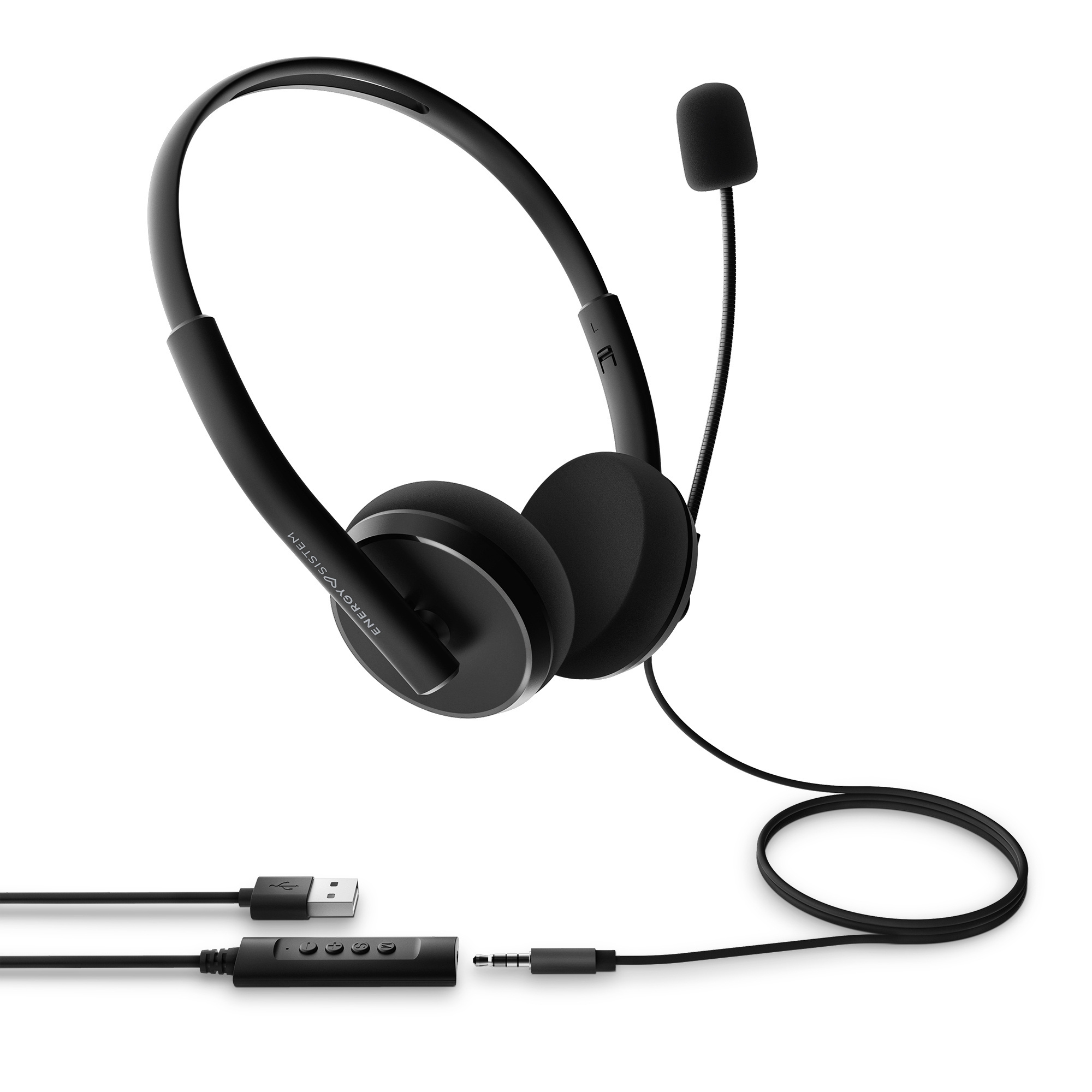 Casque Energy Sistem Office 2+ - USB et 3,5 mm - Contrôle du volume - Microphone avec bras rétractable - Couleur noire