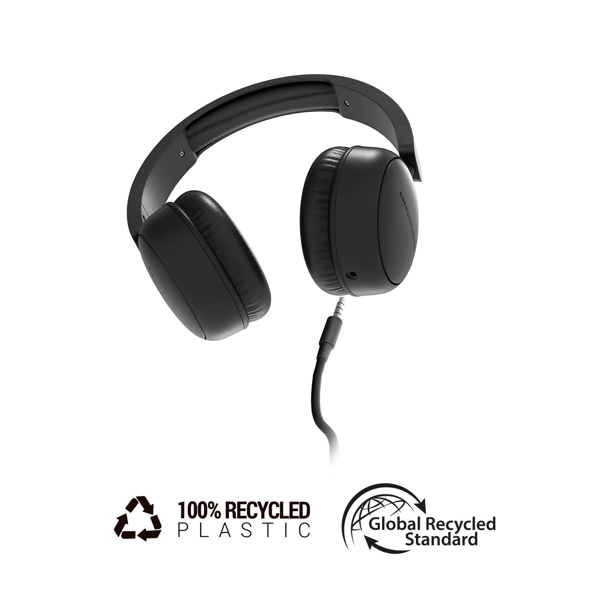 Casque Energy Sistem - Plastique 100% Recyclé - Câble Amovible - Microphone - Assistant Vocal - Couleur Noir