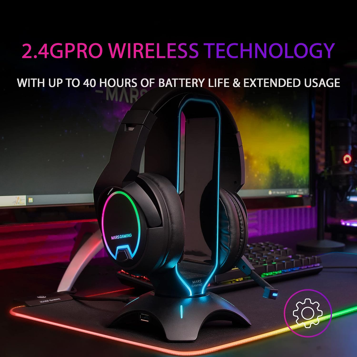 Casque sans fil Mars Gaming ARGB Flow Batterie 40h - Microphone ENC amovible - Technologie 2.4GPRO - Pilotes FULL DYNAMIC BASS 50 mm - Couleur Noir