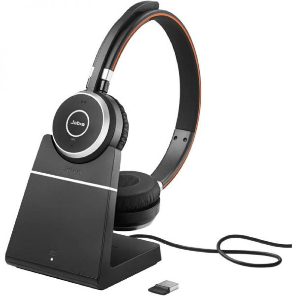 Casque stéréo UC Jabra Evolve 65 SE avec microphone Bluetooth + support de charge USB-A - Suppression du bruit - Autonomie de la batterie jusqu'à 12 heures - Bandeau réglable - Commandes sur le casque - Couleur noire