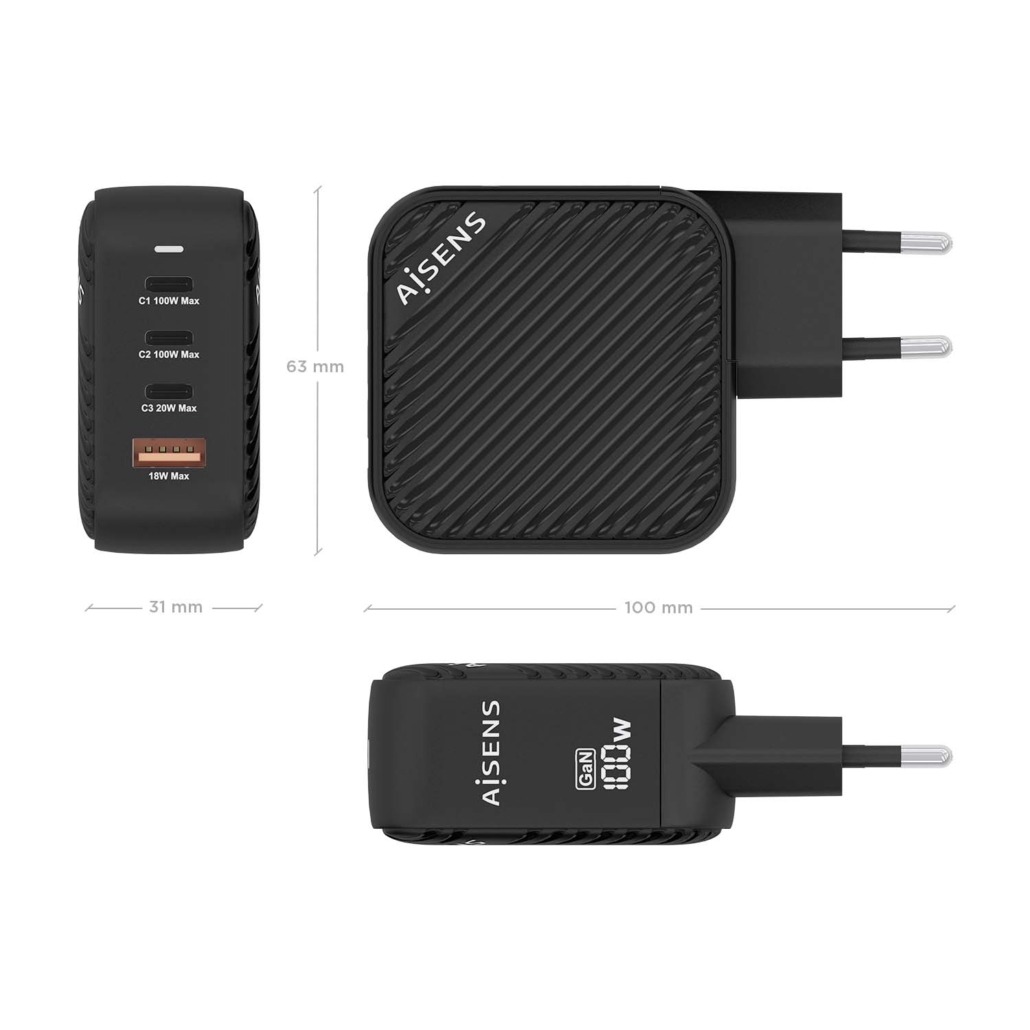 Chargeur Aisens GAN 100W - 3xUSB-C PD3.0 QC4.0 - 1xUSB-A QC3.0