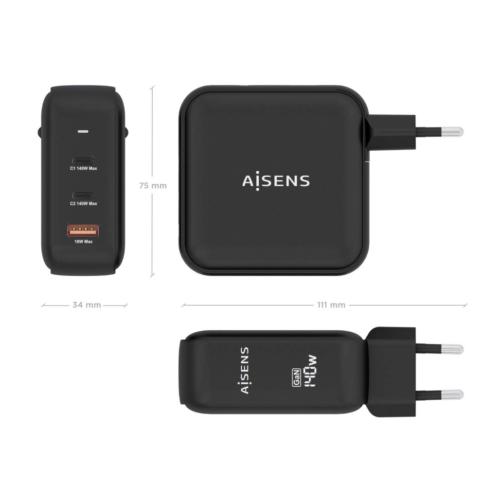 Chargeur Aisens GAN 140W - 2xUSB-C PD3.1 QC4.0 - 1xUSB-A QC3.0