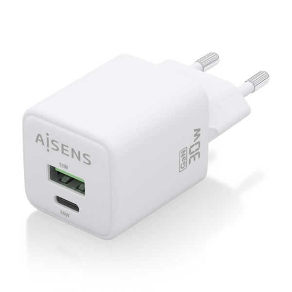 Chargeur Aisens Gan USB-C 30W - Haute efficacité énergétique - Technologie AI - Protections multiples - Chargement rapide et sûr - Compatible avec plusieurs appareils