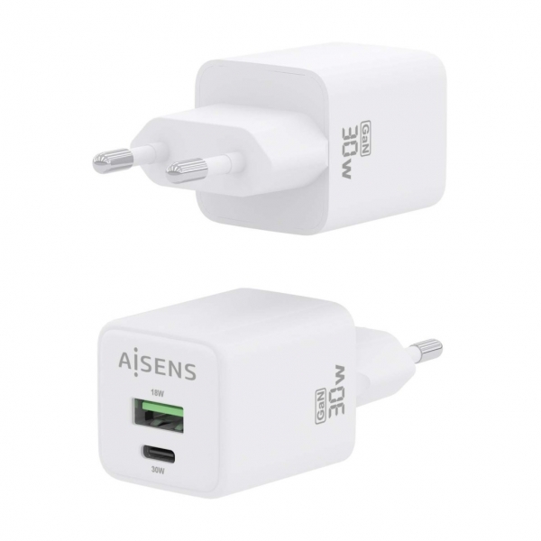 Chargeur Aisens Gan USB-C 30W - Haute efficacité énergétique - Technologie AI - Protections multiples - Chargement rapide et sûr - Compatible avec plusieurs appareils