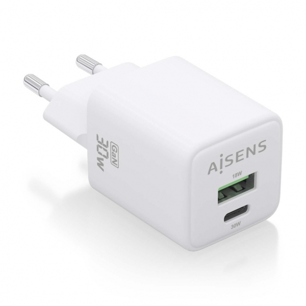 Chargeur Aisens Gan USB-C 30W - Haute efficacité énergétique - Technologie AI - Protections multiples - Chargement rapide et sûr - Compatible avec plusieurs appareils