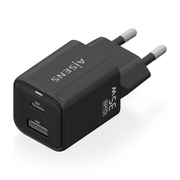 Chargeur Aisens Gan USB-C 35W - Haute efficacité énergétique - Technologie AI pour une charge rapide - Multiples protections de sécurité - Compatible avec PD3.0 et QC3.0 - Chargement USB-C et USB-A simultanés