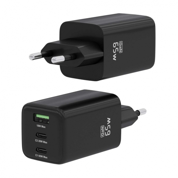 Chargeur Aisens Gan USB-C 65W - Haute efficacité énergétique - Technologie AI pour une charge rapide - Multiples protections de sécurité - Compatible USB-C et USB-A - Chargement simultané de 3 appareils