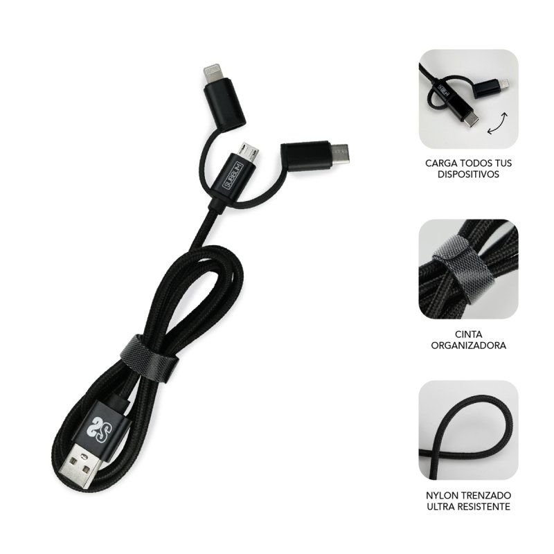 Chargeur de voiture Subblim double USB - Longueur 1 m - Charge rapide jusqu'à 2 400 A/12 W - Extérieur en fibre de nylon durable - Couleur noire