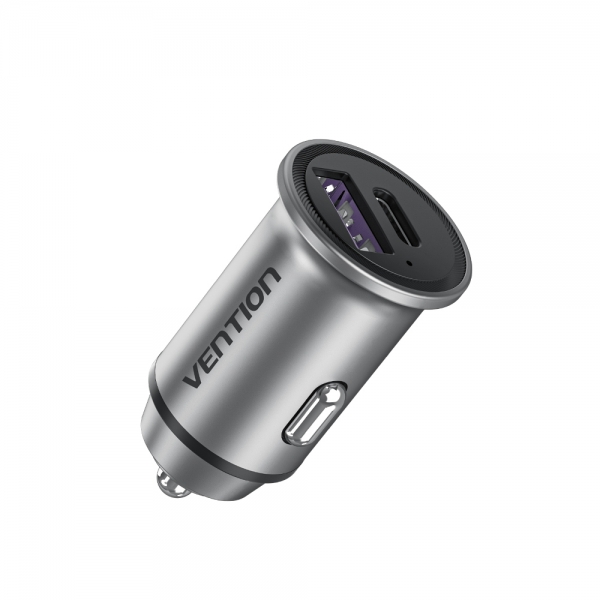 Chargeur de voiture Vention 30W 2xUSB (A+C) QC4.0 5A - Mini Design - Aluminium gris