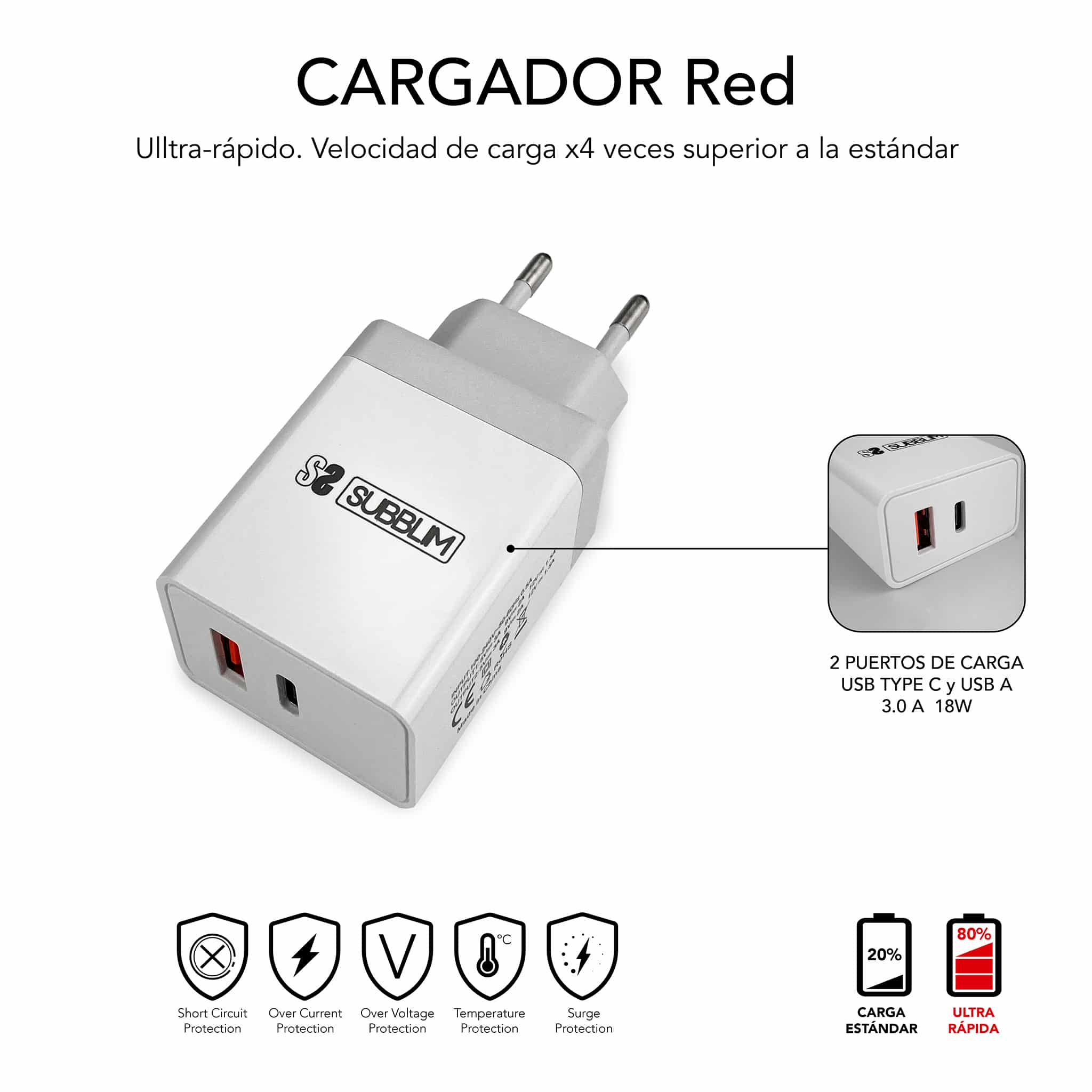 Chargeur Mural Subblim 25W - 2 Ports (USB C + USB A) - Charge ultra rapide - Câble USB C haute performance - Extérieur en fibre de nylon - Longueur 1m - Coloris Blanc