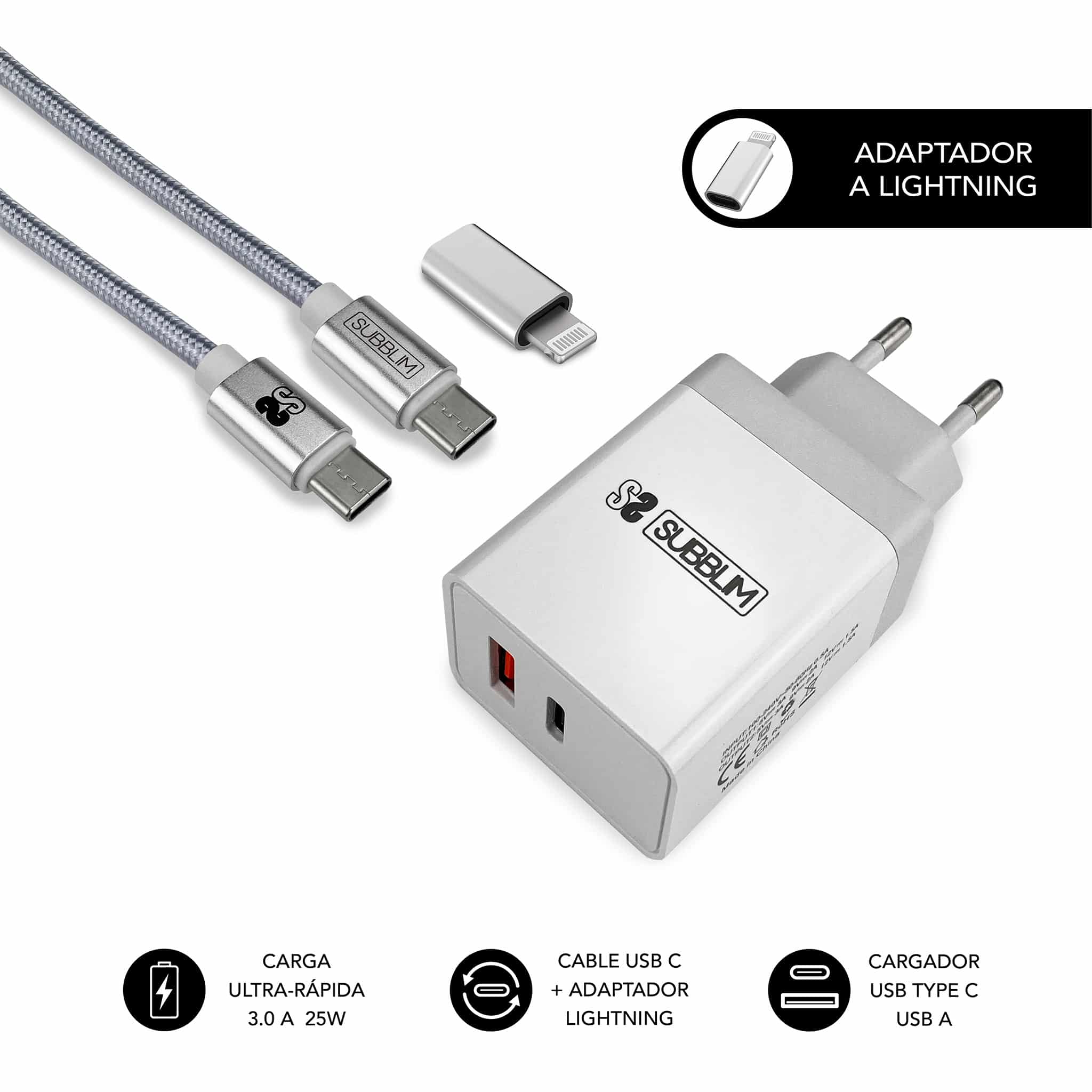 ✓ Chargeur Mural Subblim 25W - 2 Ports (USB C + USB A) - Charge ultra  rapide - Câble USB C haute performance - en stock - 123CONSOMMABLES